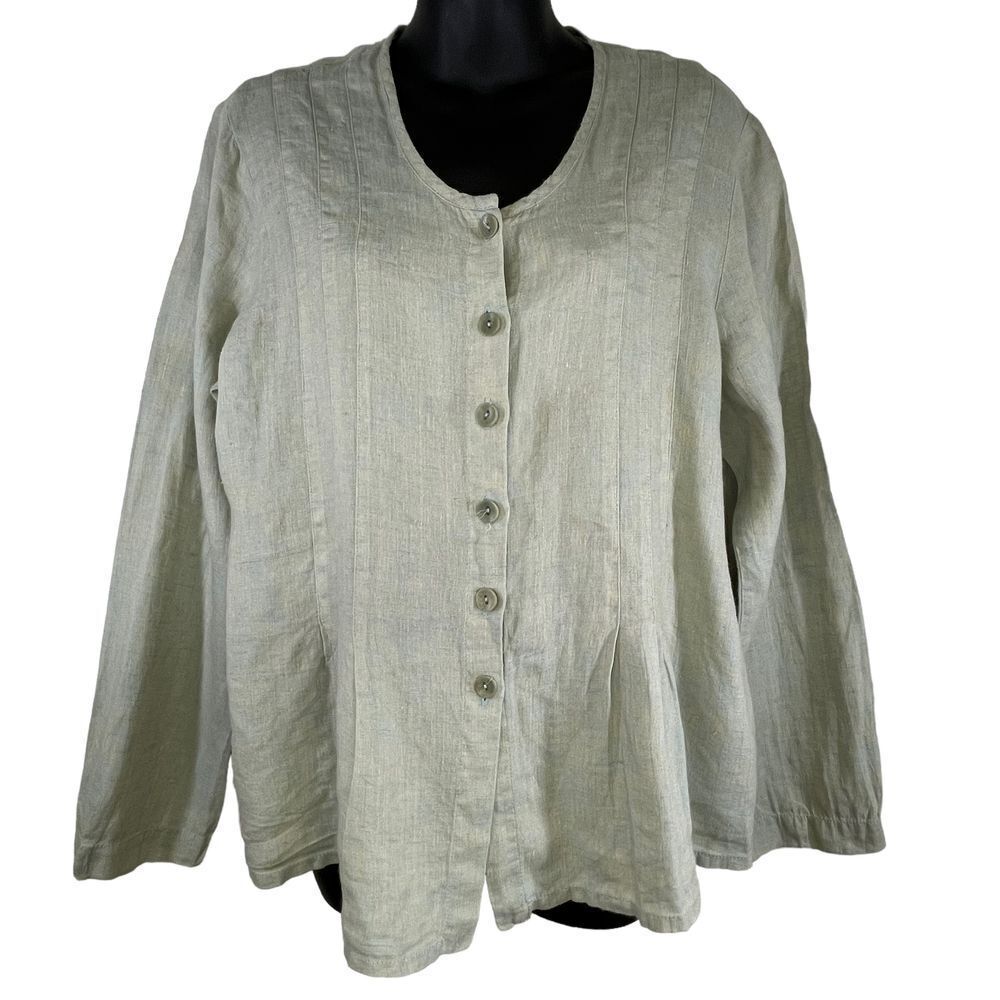 FLAX Womens Linen Button Up Long Sleeve Pleated V Neck Lagenlook Top Size Small‎